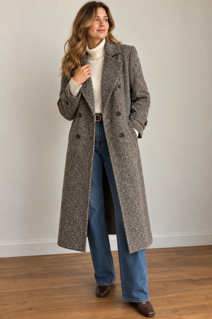 Vintage Bert Newman Tweed Long Coat Women’s 14P Double Breasted Wool Blend